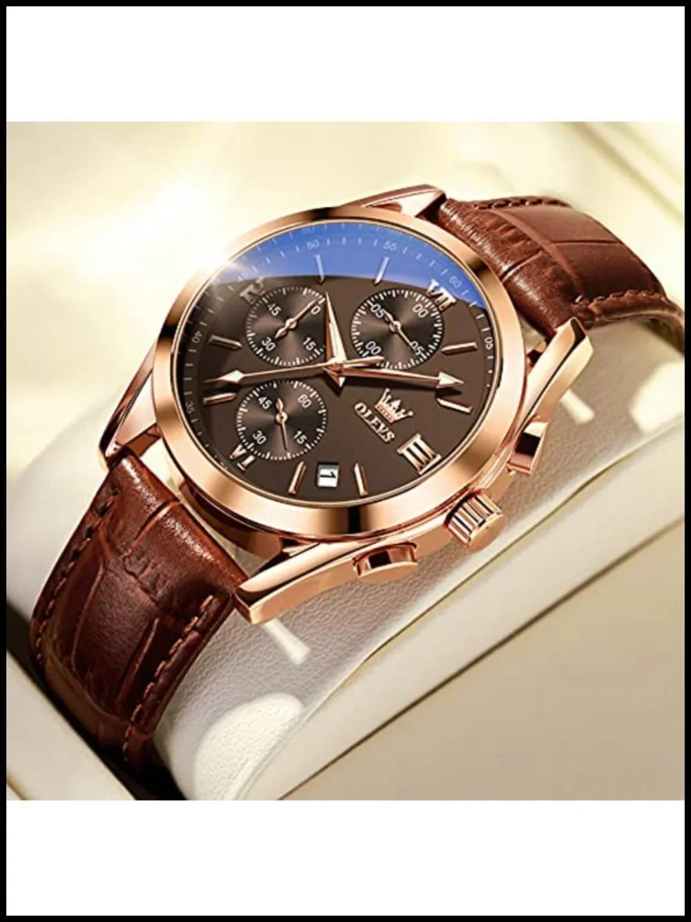 Men's Leather Chronograph Watch Big Face Roman Numeral Quartz 40mm